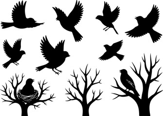 Obraz premium Bird Silhouette Vector Set – Flying and Perched Black Bird Clipart