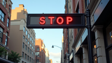 Obraz premium Urban stop sign above building facade with red neon glow and surrounding lights