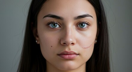 Obraz premium Closeup of a womans face showing skin details like a mole scar pierced ears against a neutral background