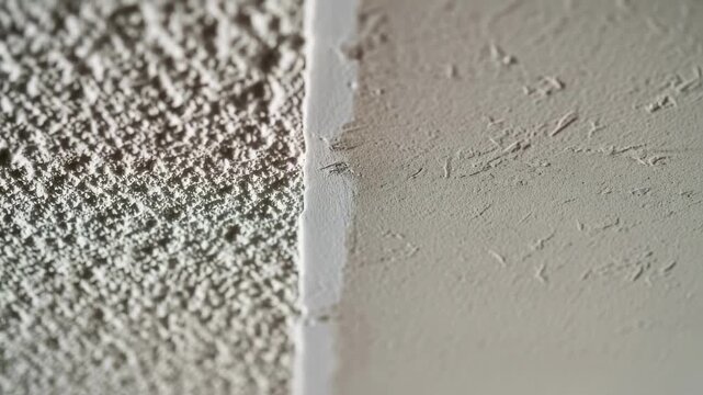 Textured ceiling closeup showing difference between repaired new texture and old ceiling before blending step.