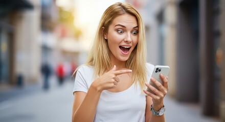 Unexpected Encounter: A captivated woman, radiating surprise and delight, peers intently at her smartphone, a captivating urban background.