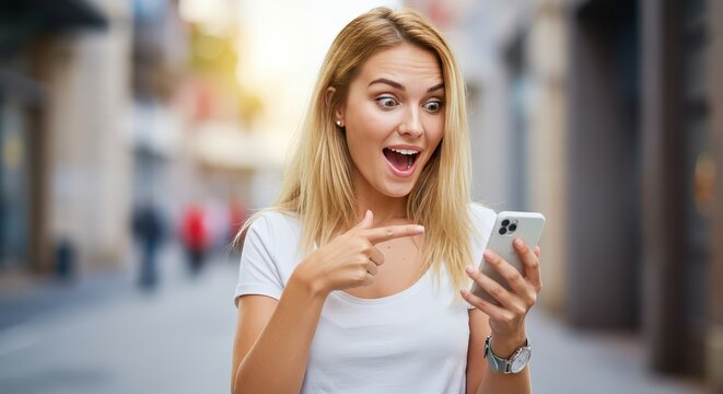 Unexpected Encounter: A captivated woman, radiating surprise and delight, peers intently at her smartphone, a captivating urban background. 
