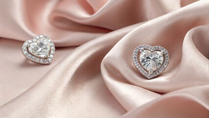 Two heart shaped diamond earrings on a light pink satin fabric in a close up detailed shot