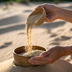 Person pouring sand from a wooden bowl into another bowl on a sandy surface outdoors in daylight