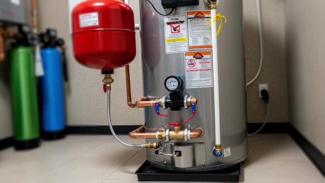 Wide shot of a modern water heater system with an expansion tank addon installed emphasizing safety features.