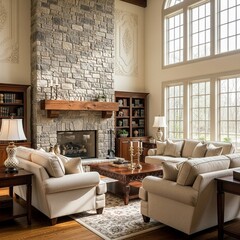Obraz premium Luxurious Great Room Interior with Cozy Furniture and Grand Stone Fireplace