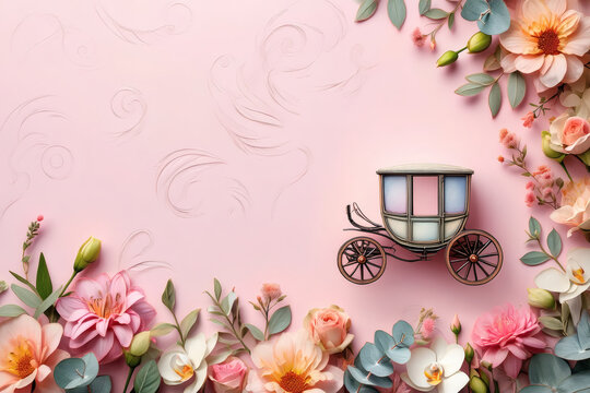 Elegant pink background with vintage carriage, exotic flowers, and free space for text for invitations, cards, and posters. Corner composition in delicate pastel shades.