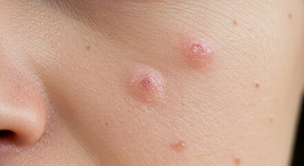 Closeup of skin with two large inflamed pustules and multiple smaller blemishes on a fairskinned face