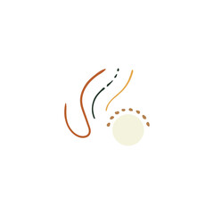 Abstract minimalist artwork featuring curved lines, dots, and a circular shape in earthy tones.