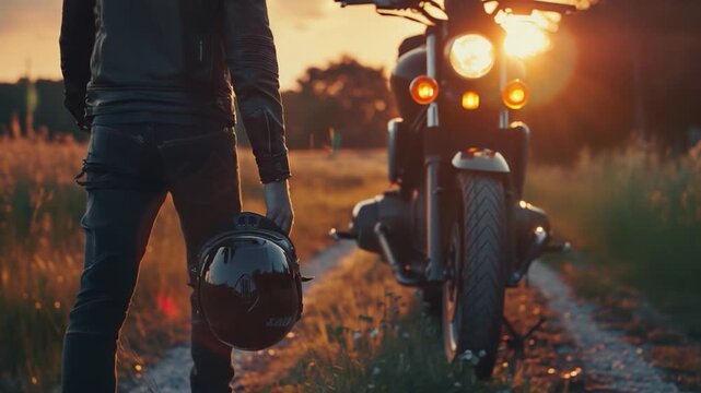 A person walks alongside a motorcycle parked on a dirt road, great for outdoor or travel themes