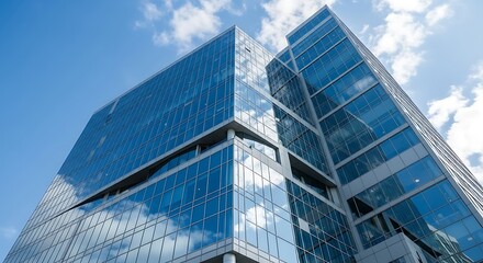 Sleek, tall corporate building with striking blue glass windows reflecting the urban cityscape against a clear sky