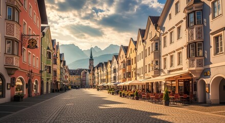 Cobblestone street in old town with colorful houses and distant mountains. European architecture travel destination for historical tour.