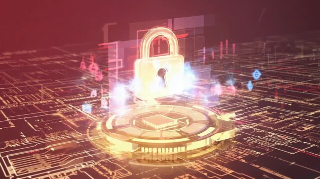 A multi layered hologram metallic circuit board, first layer is a glowing lock icon financial graphs cryptocurrency icons cloud private storage grid particles encrypted data VPN barrier