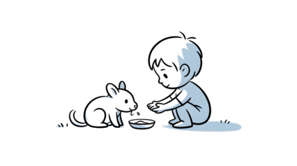 Boy offering food to a small animal in a simple black and white illustration