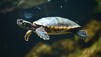 Obraz premium Close-up of a turtle swimming underwater.