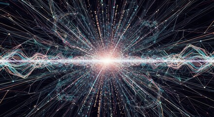 Abstract glowing light with intertwined lines representing data flow and digital connection. Futuristic technology concept background.