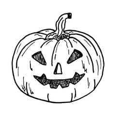 Hand-drawn illustration of Jack O Lantern pumpkin for Halloween. Image of a spooky pumpkin with an ominous smile in a scribble style. Engraving, coloring, festive decor