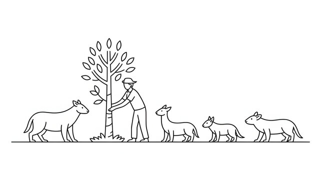 Man hugging tree with a family of animals watching in a simple line drawing