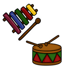 A vibrant vector illustration featuring a xylophone with colorful keys and a small drum with a geometric pattern, perfect for childrens books, music-themed projects, or playful designs.