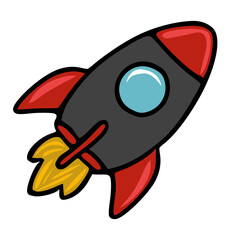 A playful vector illustration of a cartoon rocket ship, featuring bold red and gray colors, a simple design, and a yellow flame trail, perfect for childrens books, websites, or app design.