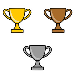 A vector illustration showcasing three stylized trophy cups in gold, bronze, and silver, featuring a bold black outline and a simplified design, ideal for award ceremonies or competition graphics.