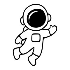 A playful vector illustration of a cartoon astronaut floating in space, waving, characterized by bold black outlines and simplified shapes, perfect for childrens books or space-themed designs.