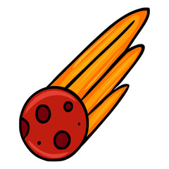 A vibrant vector illustration of a cartoon comet, featuring a fiery orange tail and a red, cratered body, perfect for space-themed designs.