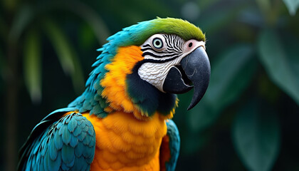 Fototapeta premium Close-up portrait of a colorful blue and yellow macaw parrot
