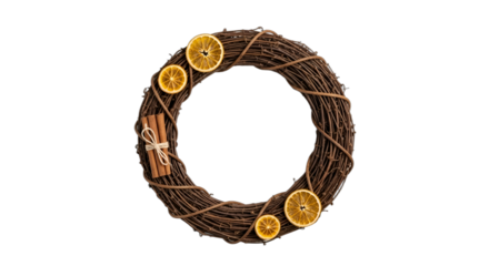 Festive holiday wreath adorned with dried orange slices and cinnamon sticks, ideal for Christmas greeting cards, Advent decorations, winter season blog posts, or crafting advertisements.