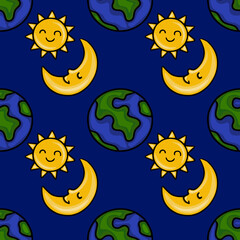 Seamless vector pattern featuring a playful depiction of a smiling sun, a sleeping crescent moon, and a stylized Earth, creating a cheerful cosmic design ideal for childrens products.