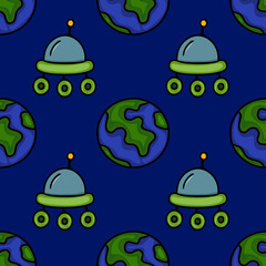 Seamless vector pattern featuring stylized UFOs and Earth globes on a dark blue background, creating a playful and cosmic design ideal for kids products or space-themed projects.