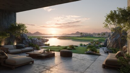 Fototapeta premium luxury resort patio sunset golf course view