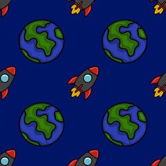 Seamless vector pattern featuring stylized rockets and planets on a dark blue background, creating a playful yet sophisticated space exploration theme.