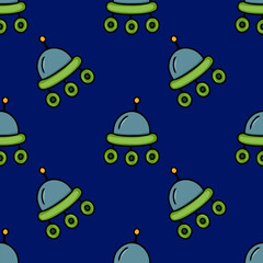 Seamless vector pattern featuring playful cartoon UFOs in teal, green, and orange against a deep blue backdrop, perfect for kids textiles or space-themed designs.