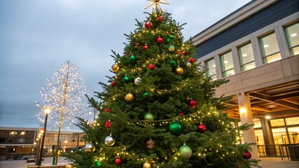 A large christmas tree decorated with ornaments and lights stands outdoors in front of a building