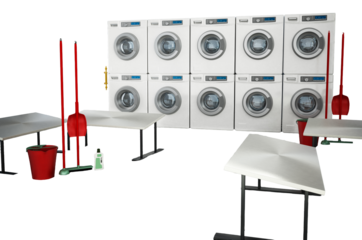 Laundry room with a large of washing machines and tumble dryers on transparent background. 3D illustration