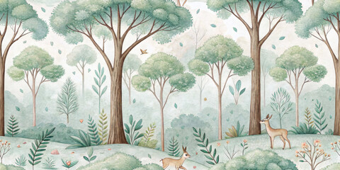 Elegant woodland artwork with layered green tones, delicate leaves, and natural watercolour brushstrokes, ideal for decorative backgrounds and creative projects.