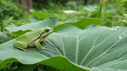 A green tree frog resting on a large leaf with water droplets in a lush green environment outdoors