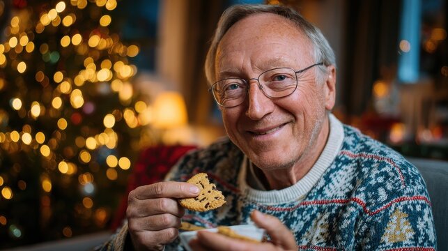 portrait of senior man indoors at home at christmas eating biscuits no logos no brands ar 169
