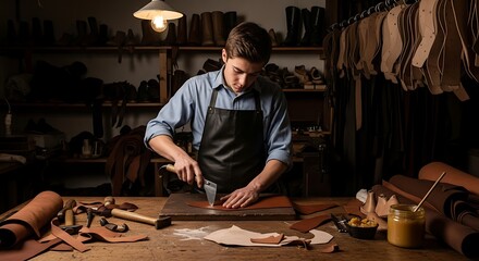 Craftsman crafting leather in workshop.