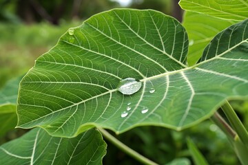 Close up of a large green leaf with prominent veins and water droplets on its surface in a garden setting