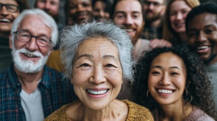 group of multigenerational people smiling in front of camera  multiracial friends of different ages having fun together  main focus on asian center girl face no logos no brands ar 169