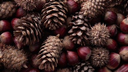 Fototapeta premium a top view of chestnuts with pine cones no logos no brands ar 169