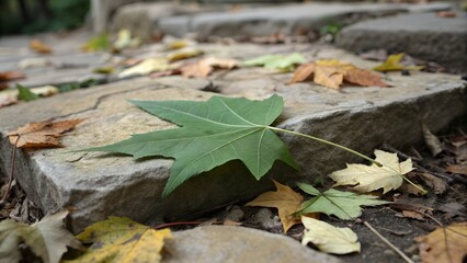 A green leaf on a stone step surrounded by fallen leaves in an outdoor setting in autumn season