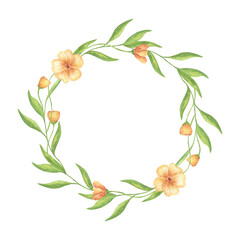 Obraz premium Round flower wreath with orange violets. Yellow wildflowers with greenery. Watercolor wreath with space for text, for wedding invitations, holiday cards, and birthday greetings.