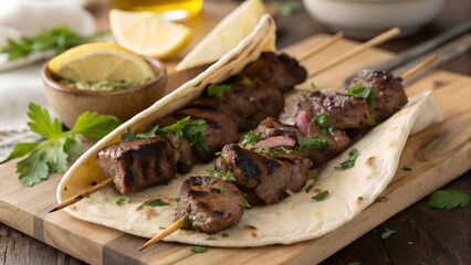 Grilled meat skewers on flatbread with lemon and sauce on a wooden cutting board close up view
