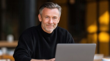 Smiling senior man with grey hair and beard, wearing a black textured shirt, looks directly at the camera while sitting with a laptop in a blurred cafe background.