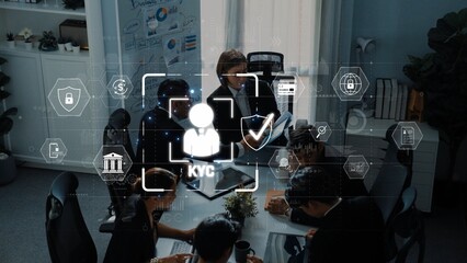 A team conducts a business meeting focused on KYC processes, showcasing the integration of digital technology and collaborative efforts in a modern office setting. Raster