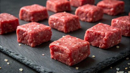 Close up of raw ground beef cubes arranged on a dark slate surface with scattered salt crystals around them