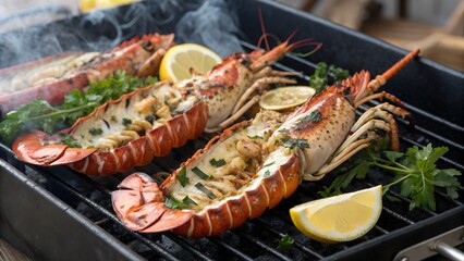 Grilled lobsters with lemon and parsley on a barbecue grill emitting smoke ready to be served fresh